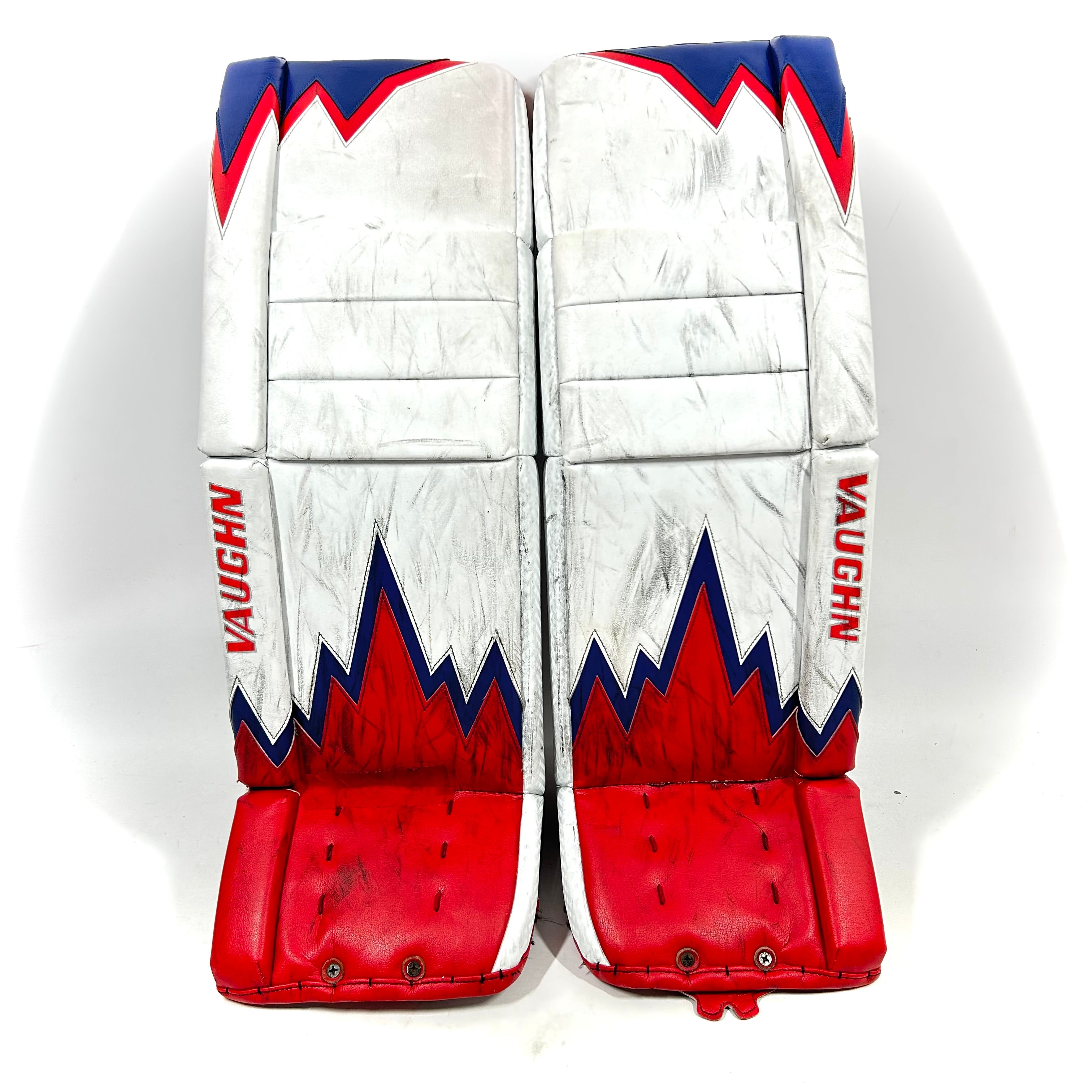 Vaughn Velocity V9 – Jambières de gardien senior OHL Pro Stock d'occasion (blanc/rouge/bleu)